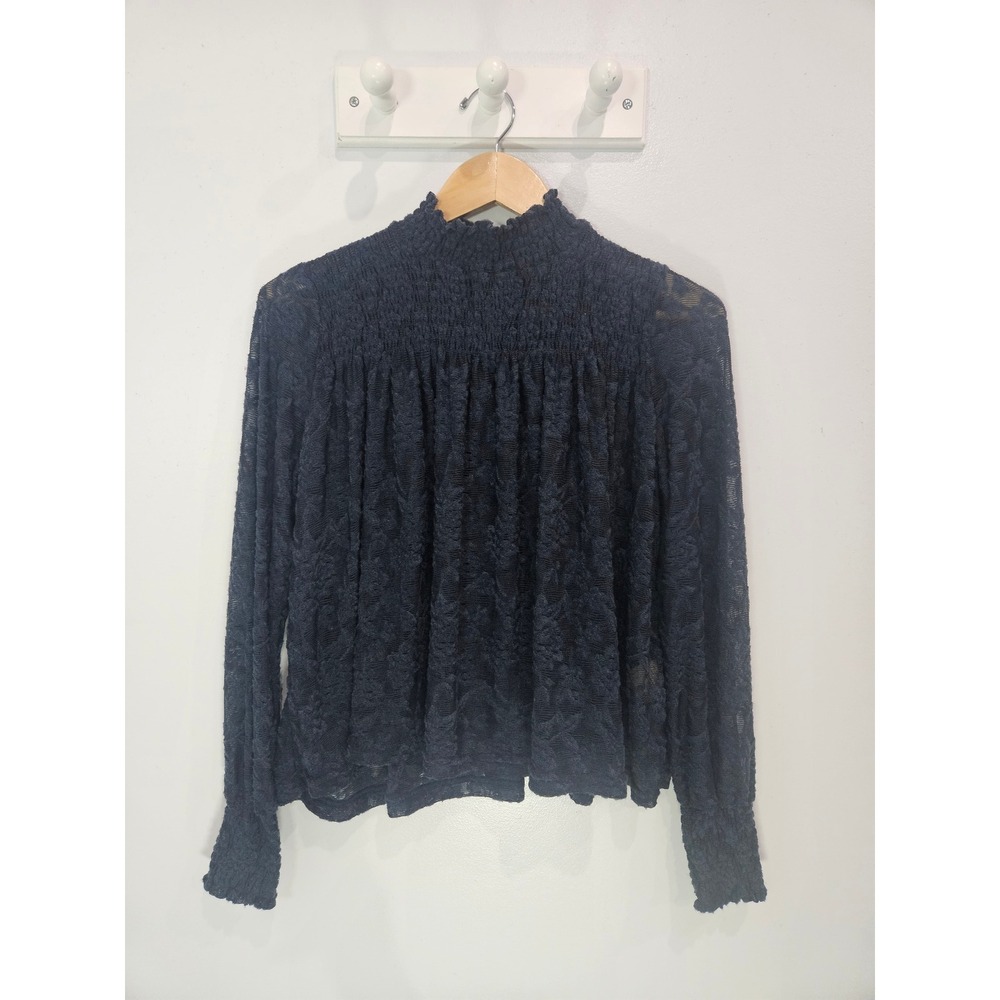 Deletta Anthropologie Navy Blue Floral Lace Smocked Mock Neck Blouse Small